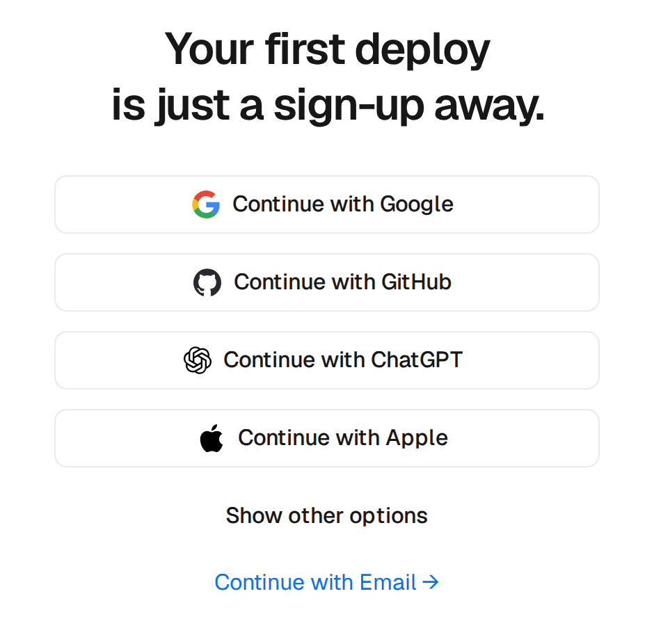 Die Vercel-Registrierung mit mehreren Anmeldewegen und ganz unten dem Link Continue with Email