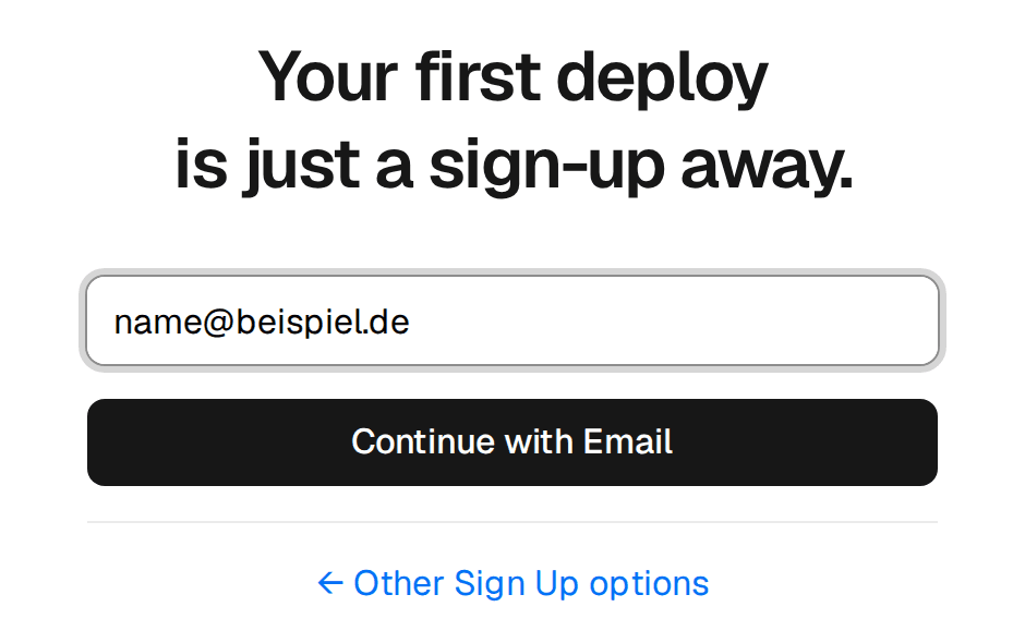 Das Feld für die E-Mail-Adresse mit der Beispieladresse name@beispiel.de und der Schaltfläche Continue with Email