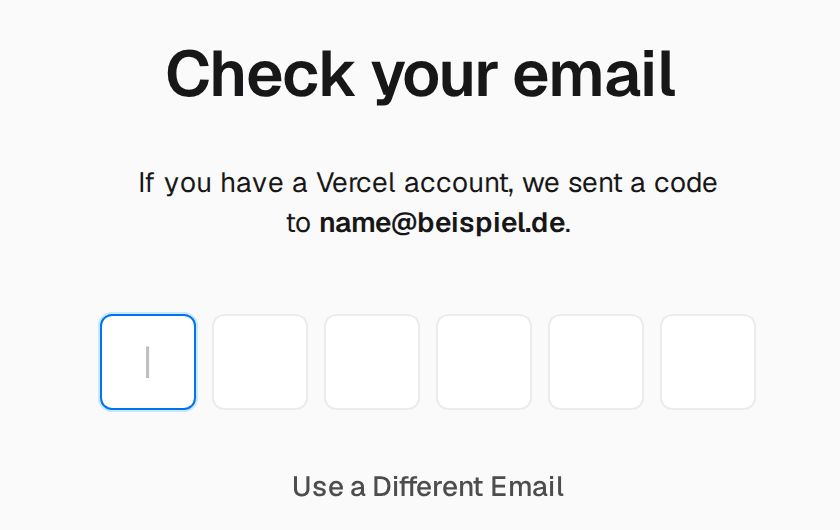Die Seite Check your email mit sechs Feldern für den Bestätigungscode