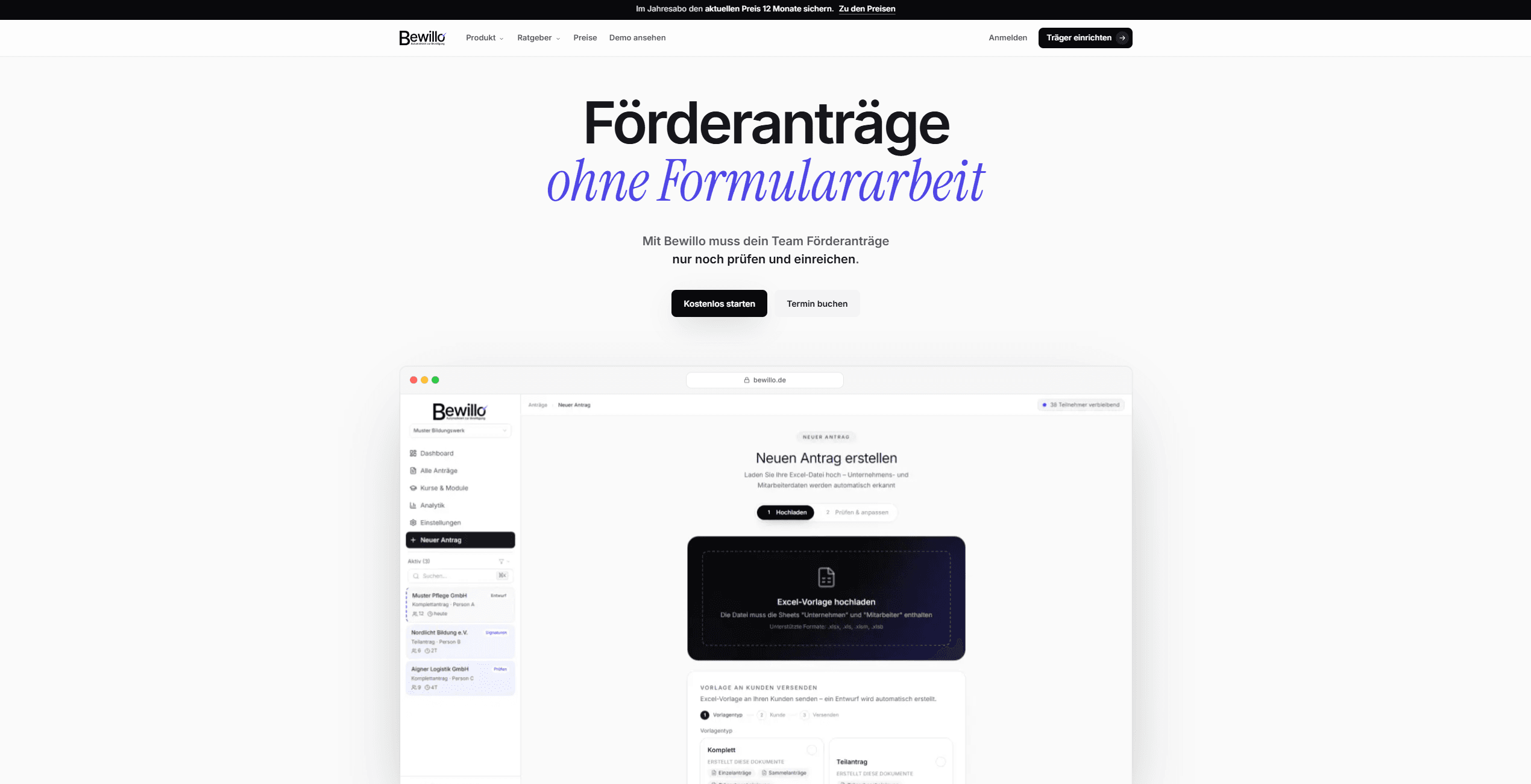Bewillo: Startseite der Software für das vorgelagerte Antragswesen von Bildungsträgern