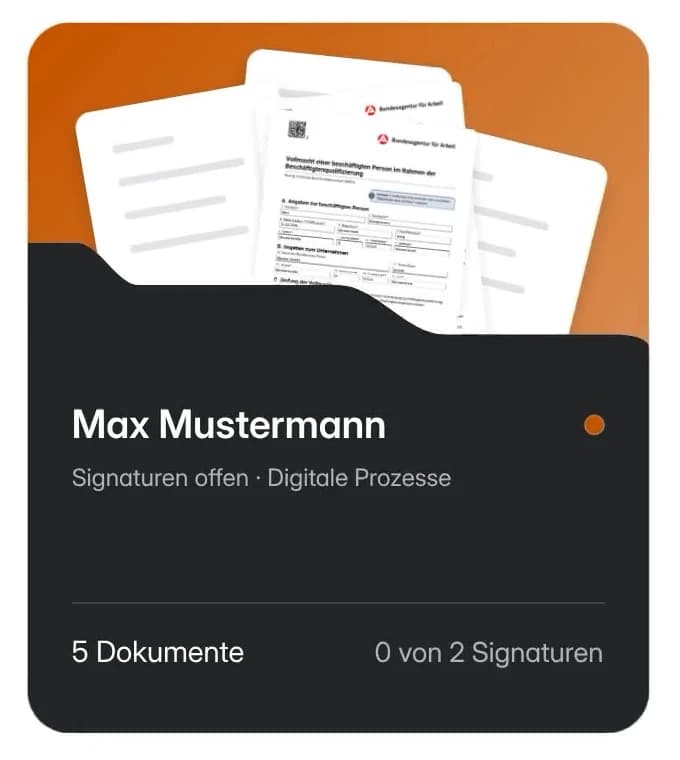 Teilnehmerakte mit fünf Dokumenten und offenen Signaturen