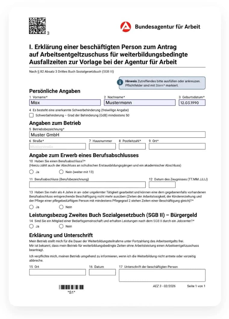 Vorausgefülltes Formular der Bundesagentur für Arbeit mit fiktiven Beispieldaten