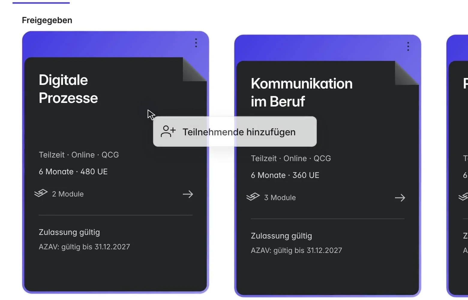 Maßnahmen-Übersicht in Bewillo mit der Aktion „Teilnehmende hinzufügen“
