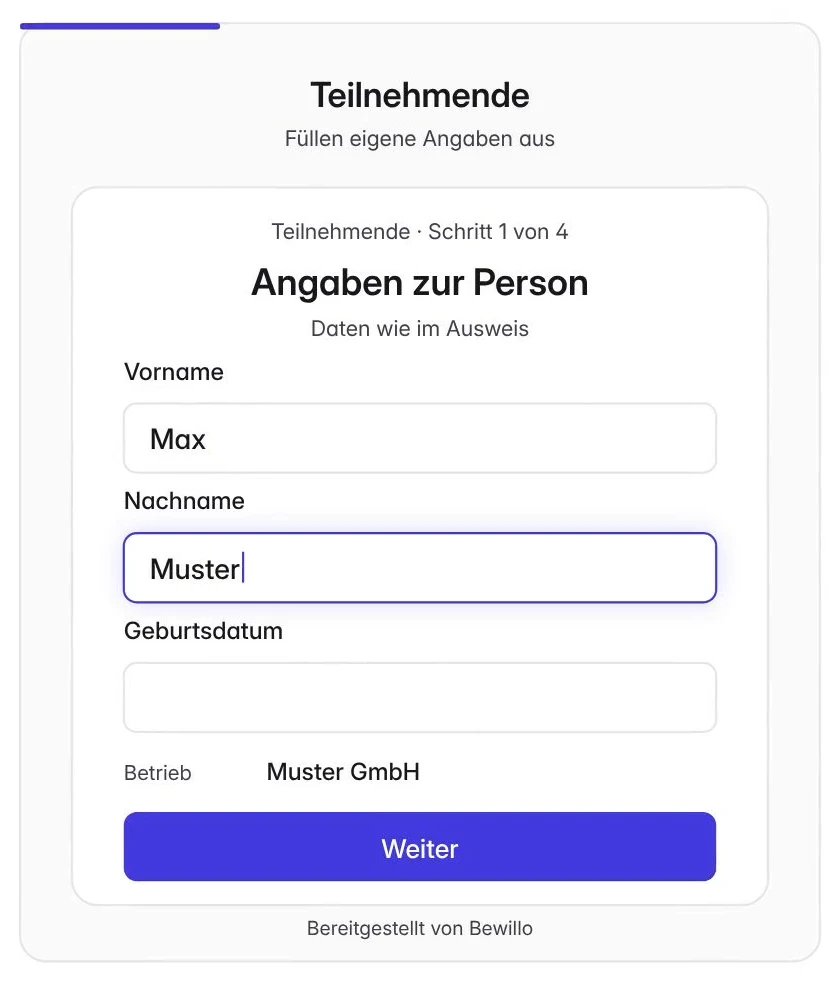 Formular für Teilnehmende: Angaben zur Person